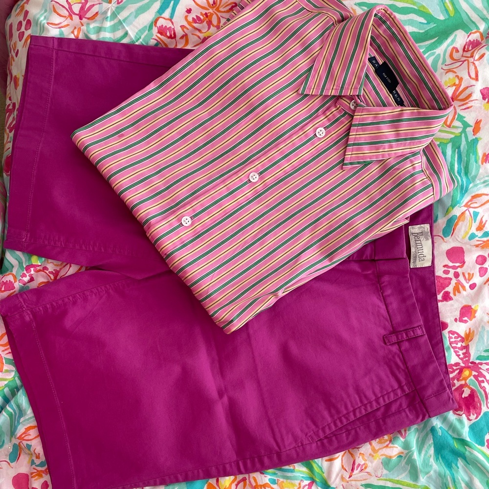 JCrew Bermuda shorts and RL striped Shirt